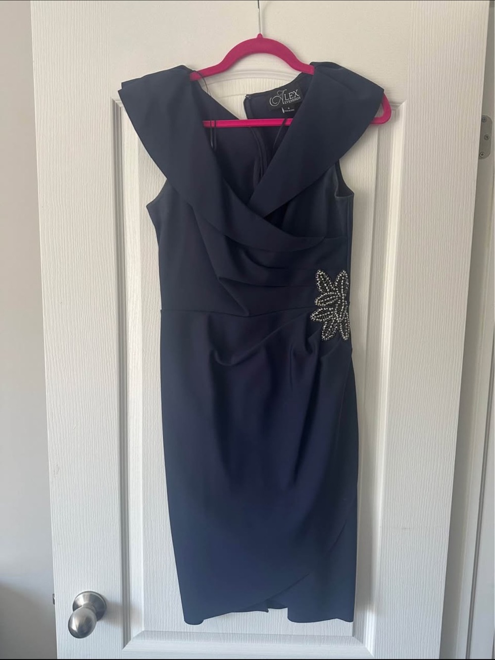 Alex Evenings Navy Sleeveless Sheath Dress with Embellished Detail